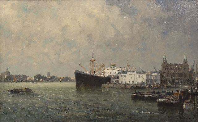 Gerard Delfgaauw | The Nieuwe Maas near Rotterdam with the HAL building, oil on canvas, 60.5 x 100.4 cm, signed l.r.