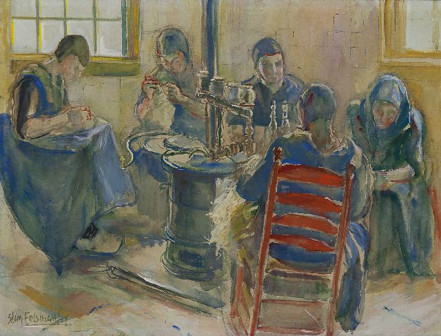 Stien Eelsingh | Doing needlework around the stove, Staphorst, watercolour on paper, 41.6 x 57.6 cm, signed l.l. and dated '47
