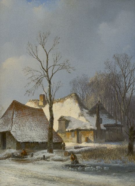 Andreas Schelfhout | A farm in winter with a skater and an angler, oil on panel, 30.8 x 23.0 cm, painted ca. 1825