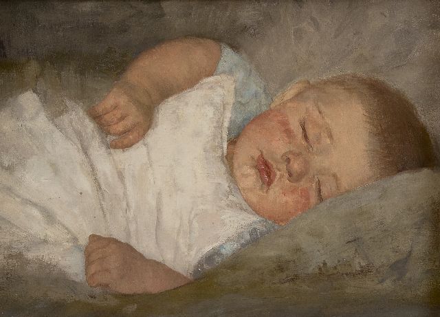 Moes W.W.  | Sleeping child, oil on canvas 27.5 x 37.1 cm