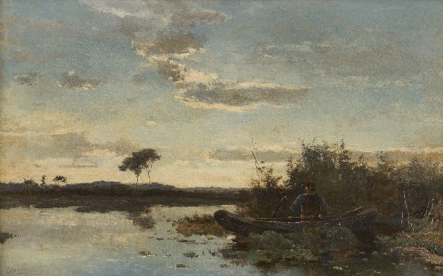 Constan Gabriel | Angler in a rowing boat at sunset, oil on canvas, 29.4 x 45.9 cm, signed l.l.