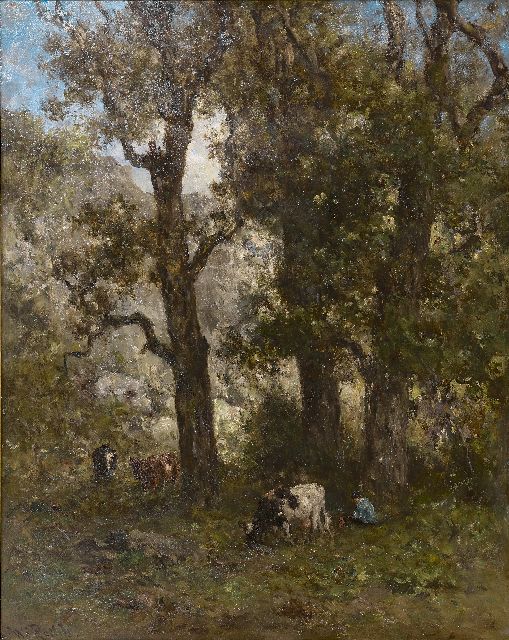 Roelofs W.  | Cowherd with cows in the woods, oil on panel 56.1 x 45.8 cm, signed l.l.