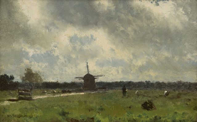 Weissenbruch H.J.  | A polder landscape on a rainy day, oil on paper laid down on panel 19.4 x 30.8 cm, signed l.l.