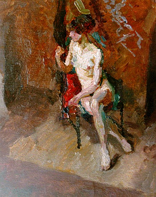 Elsinga J.  | A seated nude, oil on panel 32.3 x 26.2 cm, signed u.l. with monogram and dated '20