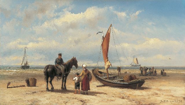 Koekkoek J.H.B.  | Figures on the beach, oil on panel 24.1 x 42.1 cm, signed l.r. and dated 1888