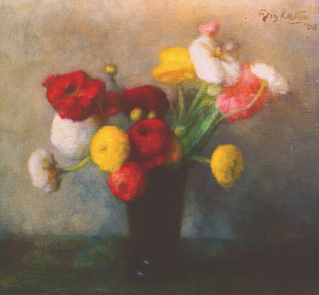 Georg Rueter | Turban buttercups in a vase, oil on canvas, 41.3 x 44.0 cm, signed u.r. and dated '65