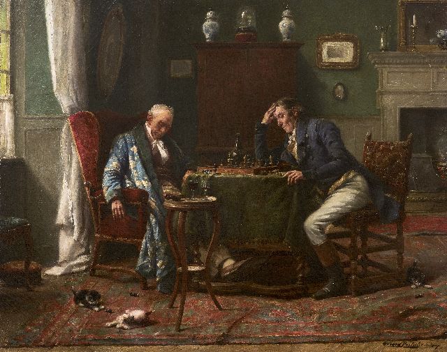 Gerard Portielje | The chess game, oil on canvas, 46.7 x 58.5 cm, signed l.r.