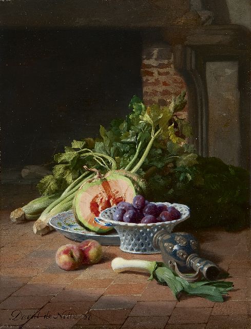 David de Noter | Still life with celery and a pumpkin, oil on panel, 32.0 x 24.5 cm, signed l.l. and dated '57