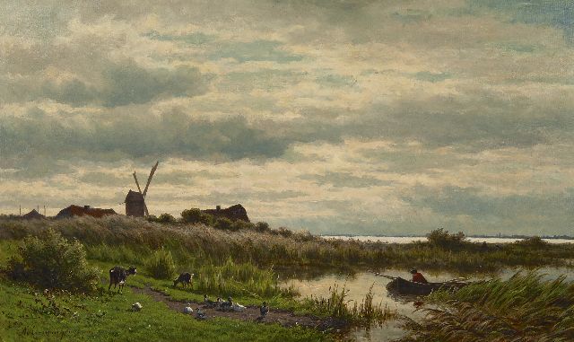 Adrianus van Everdingen | A Dutch polder landscape wit an angler, oil on canvas, 45.1 x 75.6 cm, signed l.l.