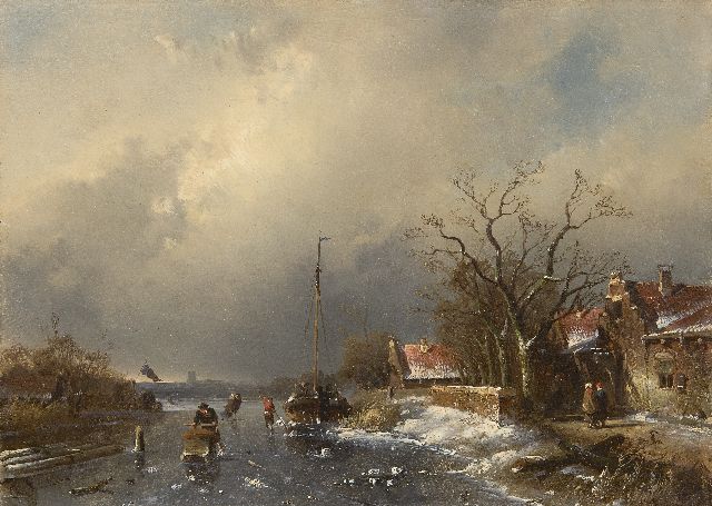 Leickert C.H.J.  | Skaters on a frozen waterway, an approaching blizzard in the distance, oil on panel 24.3 x 33.1 cm, signed l.l.