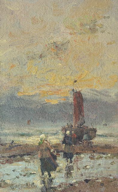 Munthe G.A.L.  | Fisher women on the beach, oil on canvas laid down on panel 23.2 x 14.2 cm, signed l.l. and ca. 1914