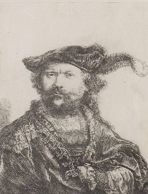 Rembrandt | A self-portrait in a velvet cap with plume, etching on paper, 13.4 x 10.3 cm