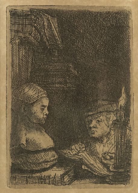 Rembrandt | A man making a drawing after a plaster model, etching on paper, 9.3 x 6.3 cm