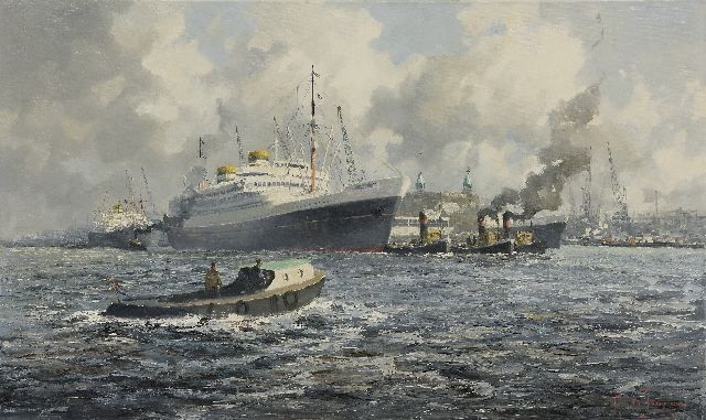 M.J. Drulman (M. de Jongere) | Ocean liners of the HAL in the harbour of Rotterdam, oil on canvas, 60.1 x 100.1 cm, signed l.r. with pseudonym 'M. de Jongere'