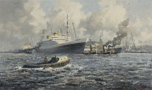 Drulman M.J.  | Ocean liners of the HAL in the harbour of Rotterdam, oil on canvas 60.1 x 100.1 cm, signed l.r. with pseudonym 'M. de Jongere'