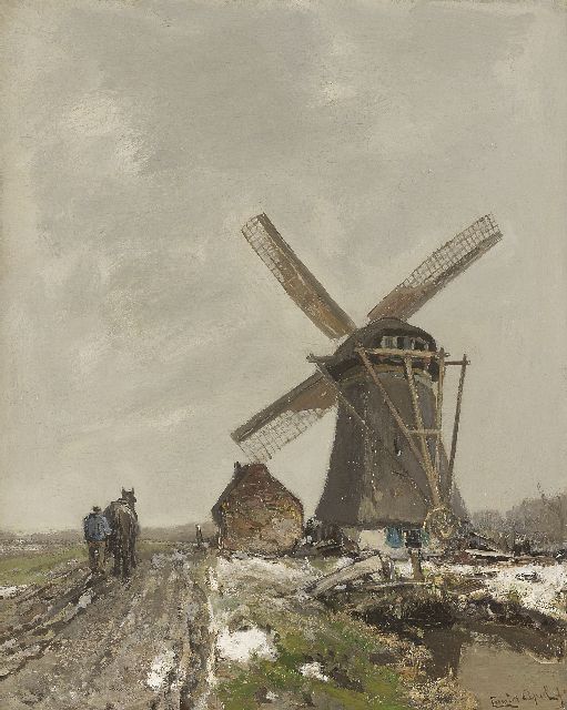 Louis Apol | A farmer near a the Laakmolen at The Hague, oil on canvas, 52.3 x 42.0 cm, signed l.r.