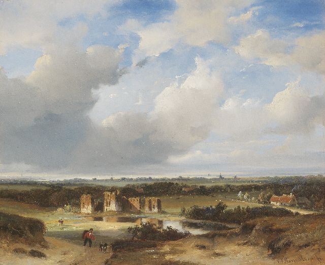 Roosenboom N.J.  | A view of the ruins of Brederode and the Wijkermeer, oil on panel 26.9 x 32.8 cm, signed l.r.