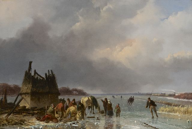 Nicolaas Roosenboom | A frozen river with skaters and a horse-drawn sledge, oil on panel, 29.4 x 43.7 cm, signed l.r. and painted ca. 1850-1855