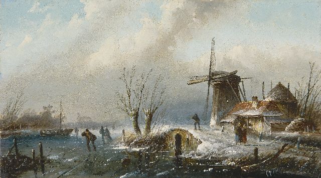 Jacob Jan Coenraad Spohler | A winter landscape with skaters, oil on canvas, 18.3 x 32.5 cm, gesigneerd r.o.