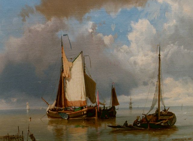 Jan H.B. Koekkoek | Shipping in a calm, oil on canvas, 24.0 x 32.0 cm, signed l.r. and dated 1861
