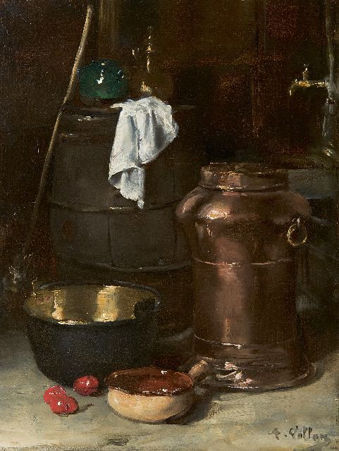 Antoine Vollon | Still life with a copper churn and brass pan, oil on panel, 32.3 x 24.3 cm, signed l.r.