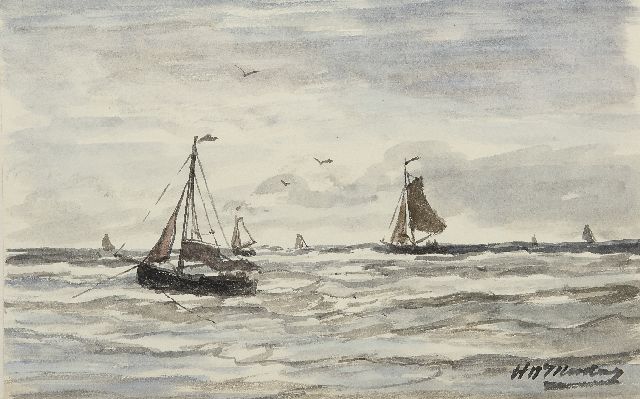 Mesdag H.W.  | Fishing boats in the surf, Scheveningen, watercolour on paper 13.2 x 21.0 cm, signed l.r.