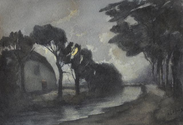 Jong A.G. de | Moonlit farmhouse along a river, watercolour on paper 12.0 x 17.6 cm, signed l.r.