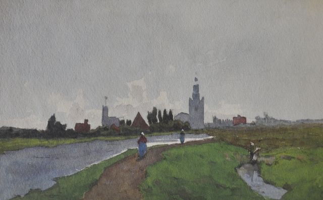 Marinus Gidding | Figures on a towpath, watercolour on paper, 9.9 x 16.3 cm