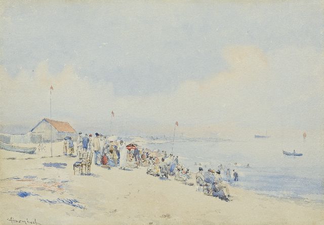 Auguste Ernest Sembach | Sunday on the beach on the coast of Belgium, watercolour on paper, 27.6 x 39.1 cm, signed l.l.