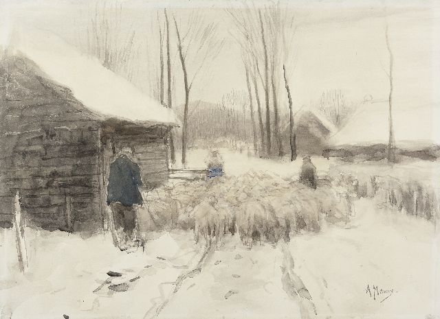 Anton Mauve | Snow in Laren, watercolour on paper, 49.6 x 67.7 cm, signed l.r.