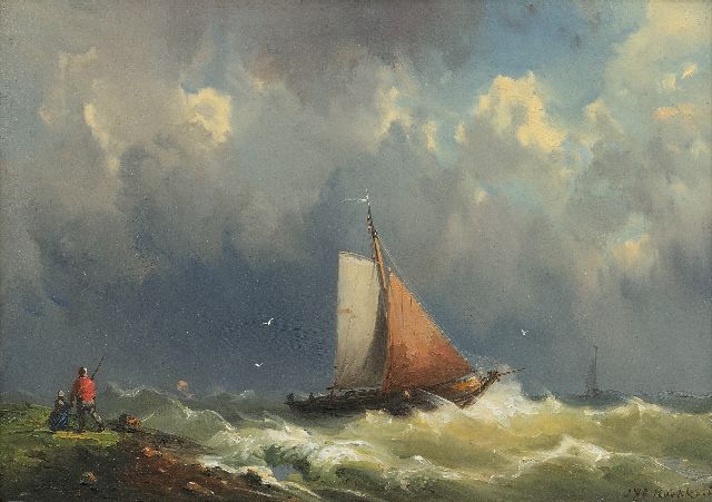 Koekkoek J.H.B.  | Sailing ships on a choppy sea, oil on panel 23.1 x 32.7 cm, signed l.r.