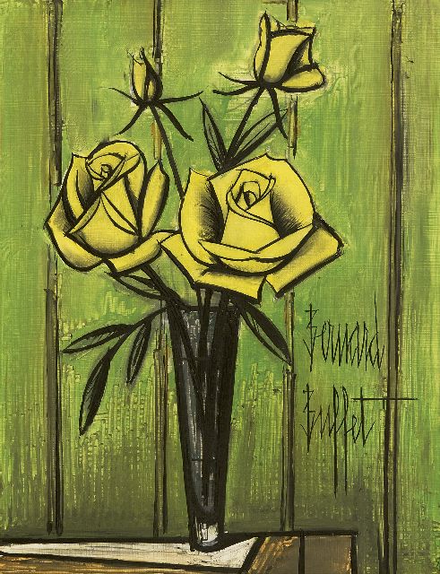 Bernard Buffet | Roses jaunes fond vert, oil on board, 34.9 x 27.0 cm, signed l.r. and painted late 1960s