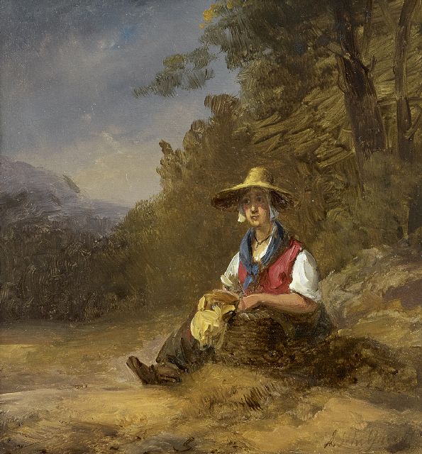 Schelfhout A.  | A resting country woman, oil on panel 16.8 x 15.5 cm, signed l.r.