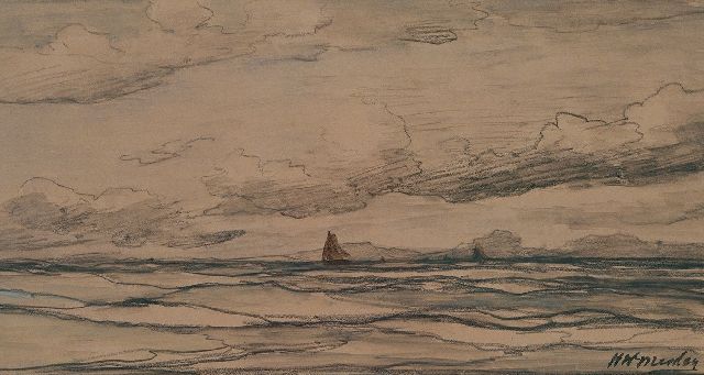 Hendrik Willem Mesdag | Fishing vessels at sea, black chalk on paper, 18.0 x 34.2 cm, signed l.r.