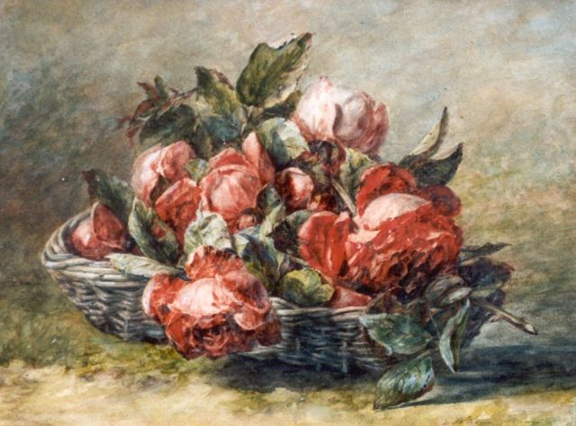 Adriana Haanen | Red roses in a basket, watercolour on paper, 29.0 x 38.0 cm, signed l.r. and dated 1893
