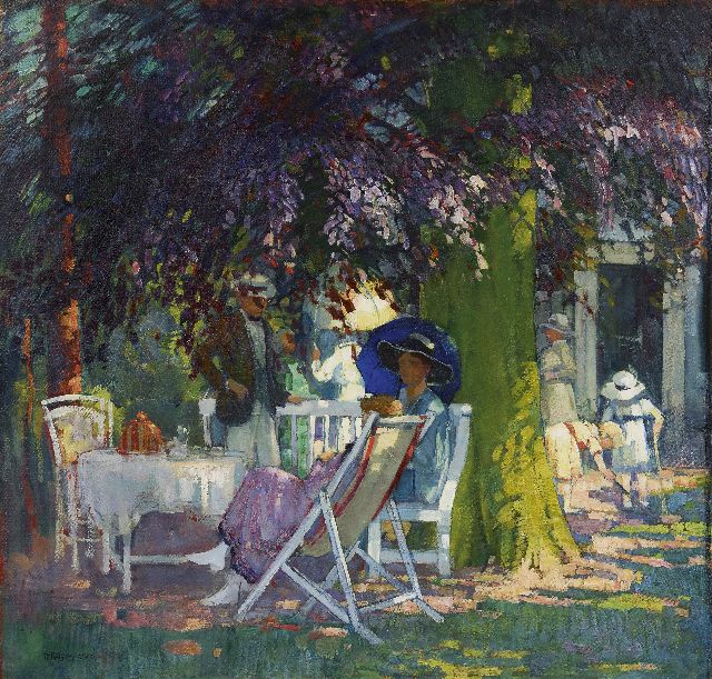 Frans Hogerwaard | Tea party under the Copper Beech, oil on canvas, 84.4 x 88.2 cm, signed l.l. and painted ca. 1915