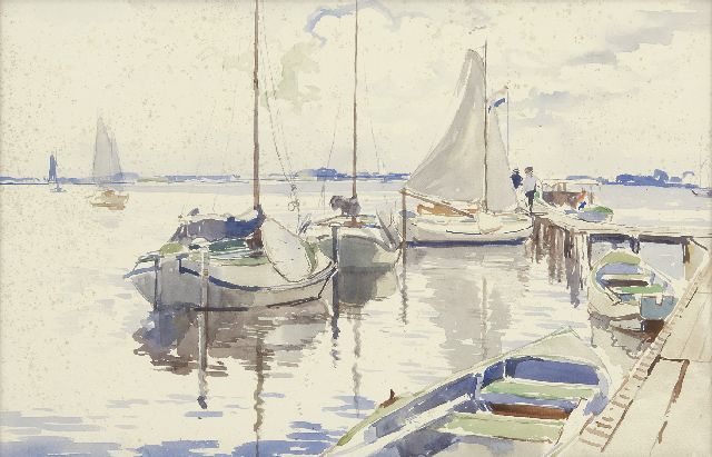 Cornelis Vreedenburgh | Barges at a jetty on the Loosdrechtse Plassen, watercolour on paper, 30.5 x 46.8 cm