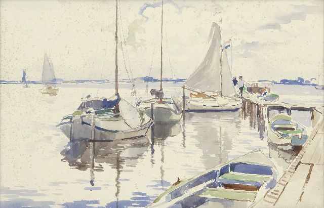 Vreedenburgh C.  | Barges at a jetty on the Loosdrechtse Plassen, watercolour on paper 30.5 x 46.8 cm