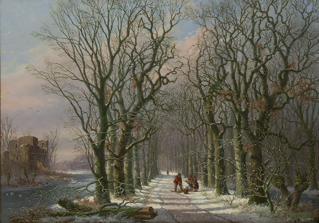 Meijier A.A. de | Figures on a country lane in winter, oil on panel 51.7 x 73.4 cm, signed l.r.