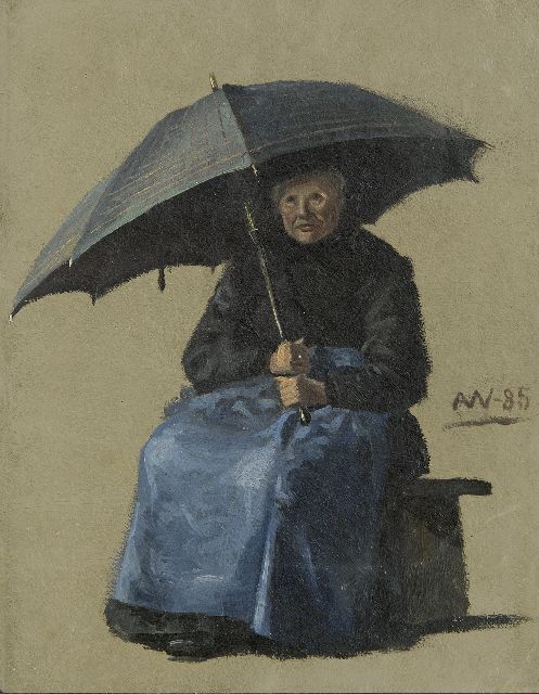 Anna Wengberg | A woman seated under an umbrella, oil on paper laid down on board, 33.5 x 26.0 cm, signed c.r. with monogram and dated '85