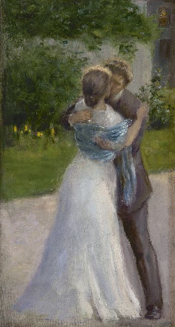 Engelhart J.A.  | Bride and groom kissing, oil on canvas laid down on panel 36.3 x 20.0 cm, signed u.l.