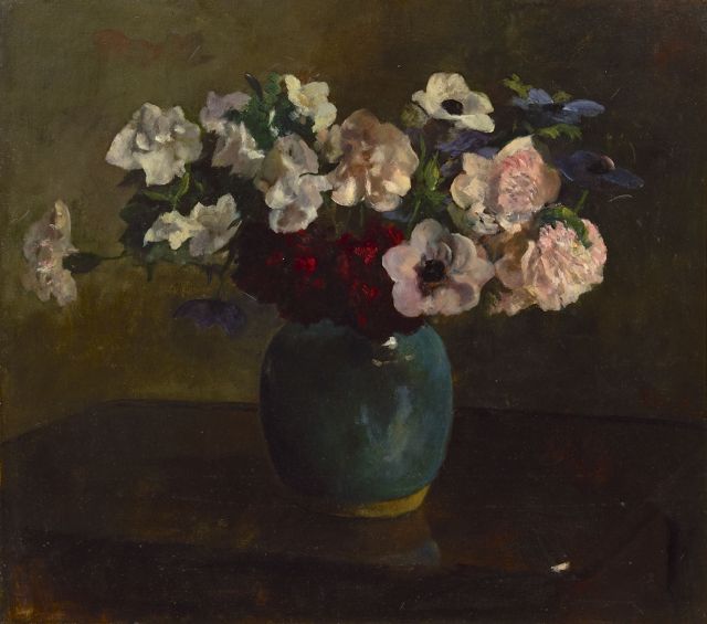 Hein Kever | Anemones and peonies in a blue vase, oil on canvas, 57.4 x 63.3 cm, signed c.r.