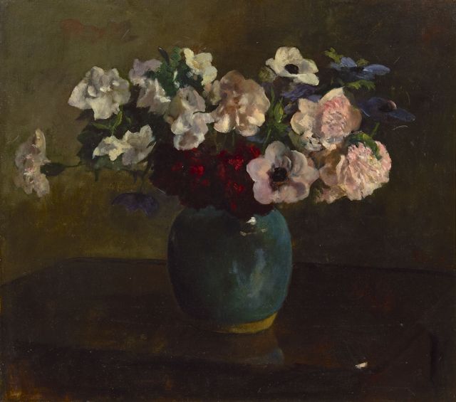 Kever J.S.H.  | Anemones and peonies in a blue vase, oil on canvas 57.4 x 63.3 cm, signed c.r.