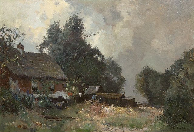 Arend Jan van Driesten | At work on the farmyard        Farmer working in his yard, oil on canvas, 52.5 x 76.5 cm, signed l.r.