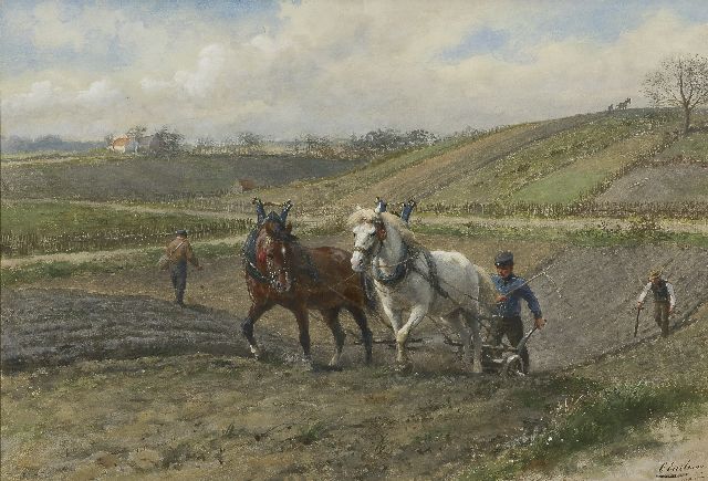 Eerelman O.  | Two horses pulling the plough, near Arnhem, watercolour on paper 47.6 x 69.6 cm, signed l.r. and painted ca. 1902-1907