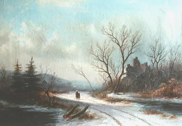 Jan Jacob Spohler | Travellers on a snow-covered path, oil on canvas, 35.0 x 49.5 cm, signed l.l.