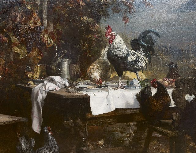 Meyerheim P.F.  | The remains of the meal, oil on canvas 138.7 x 176.3 cm, signed l.l. and dated 1879