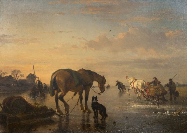 Joseph Moerenhout | Horses and sledges on a frozen river, oil on canvas, 85.0 x 118.5 cm, signed l.r.