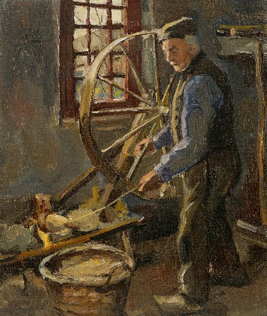 Mondriaan P.C.  | Wool spinning farmer, oil on canvas 34.0 x 28.0 cm, painted ca. 1893-97