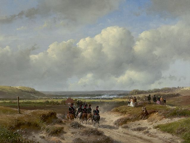 Andreas Schelfhout | The Hague garrison at the Waalsdorpervlakte, oil on panel, 22.1 x 29.2 cm, signed l.r. and painted ca. 1862